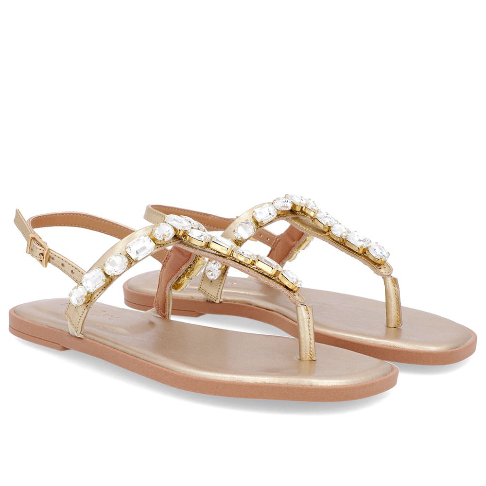 Sandália Salto Baixo Couro Dourada Enfeite Dourado 2