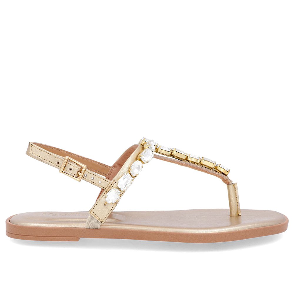 Sandália Salto Baixo Couro Dourada Enfeite