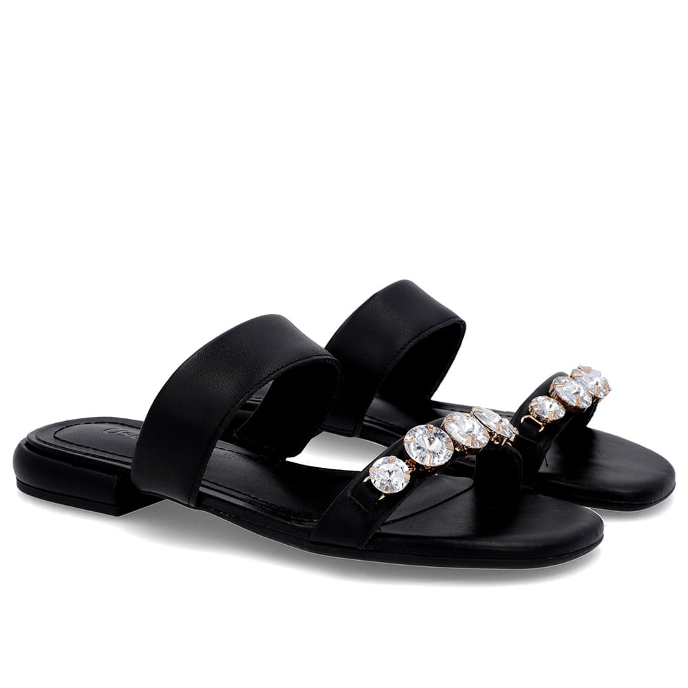 Rasteira Bico Quadrado Couro Preta Enfeite Preto 2