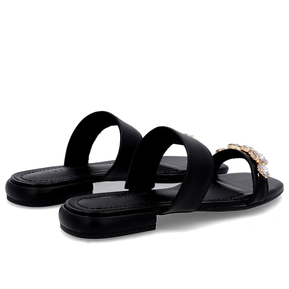 Rasteira Bico Quadrado Couro Preta Enfeite Preto 3