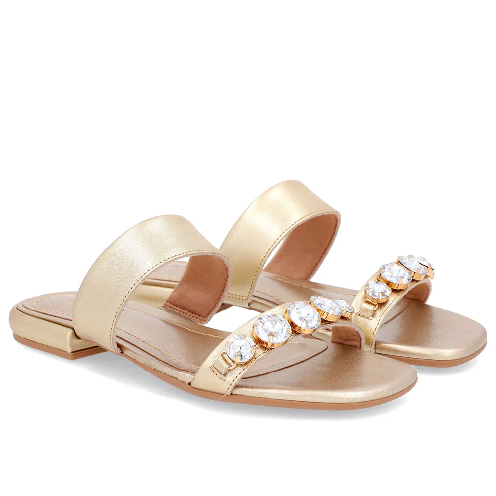 Rasteira Bico Quadrado Couro Dourado Enfeite Dourado 2