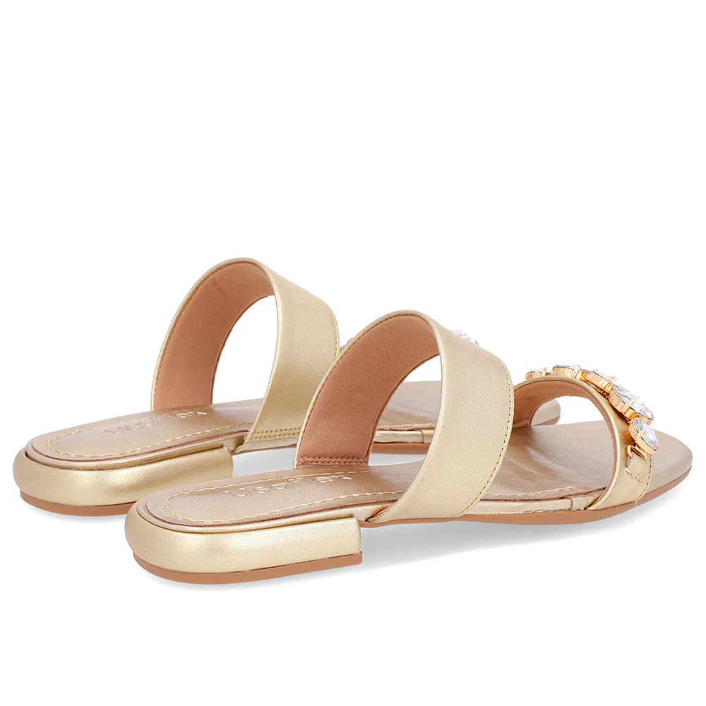 Rasteira Bico Quadrado Couro Dourado Enfeite Dourado 3