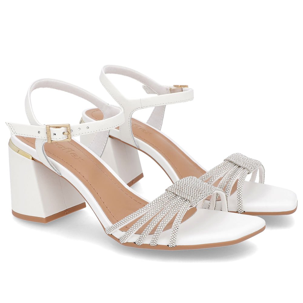 Sandália Bico Quadrado Couro Branca Strass Branco 2
