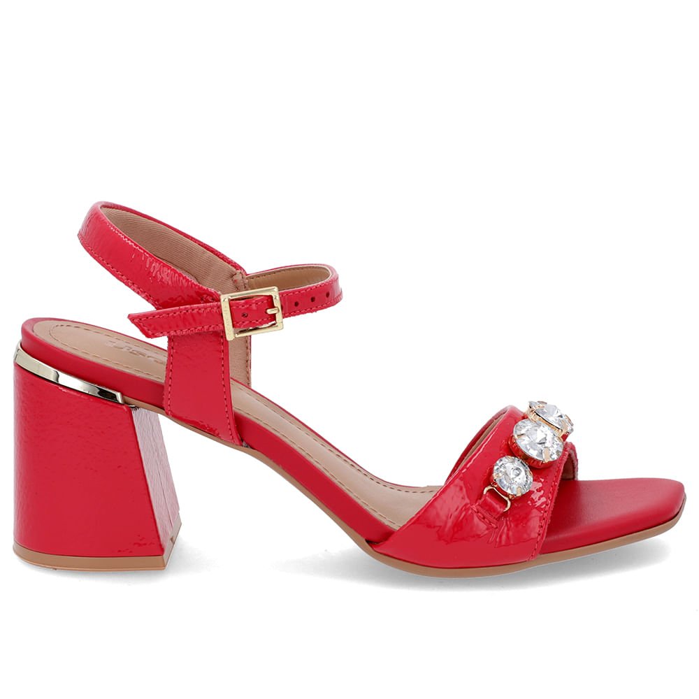 Sandália Detalhe Salto Couro Vermelha Enfeite