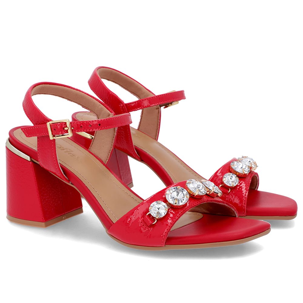 Sandália Detalhe Salto Couro Vermelha Enfeite Vermelho 2