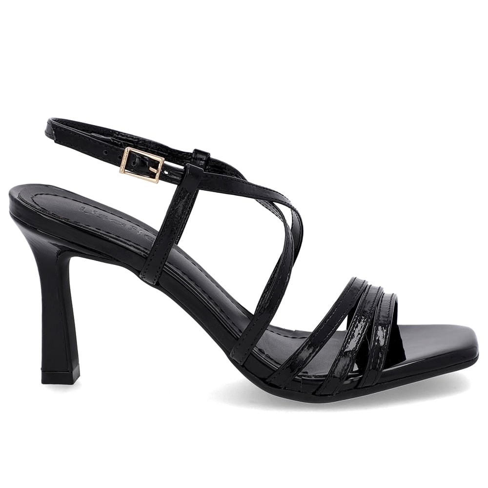 Sandália Salto Fino Couro Preta Tiras