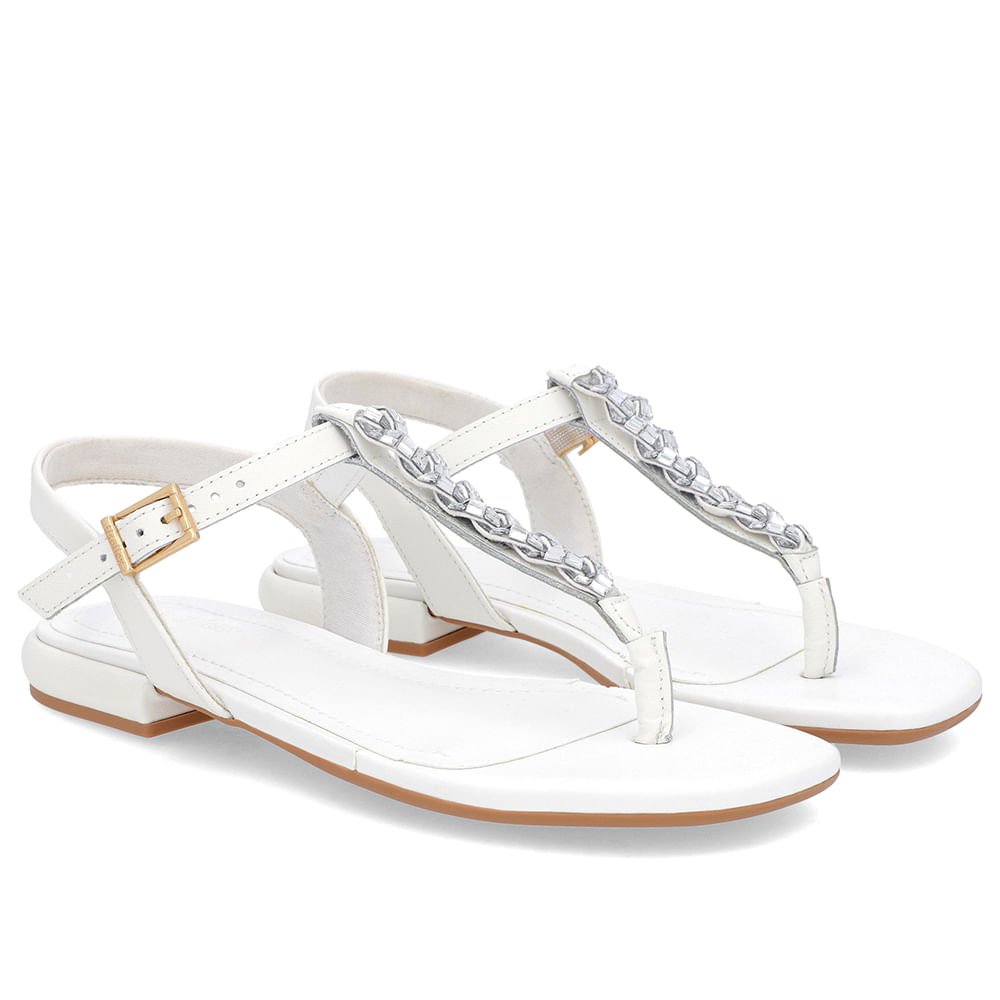 Sandália Bico Quadrado Couro Branca Enfeite Branco 2