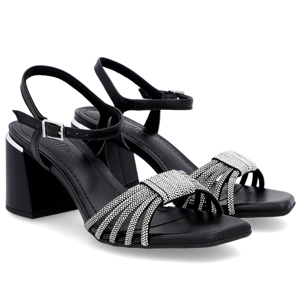Sandália Bico Quadrado Couro Preta Strass Preto 2