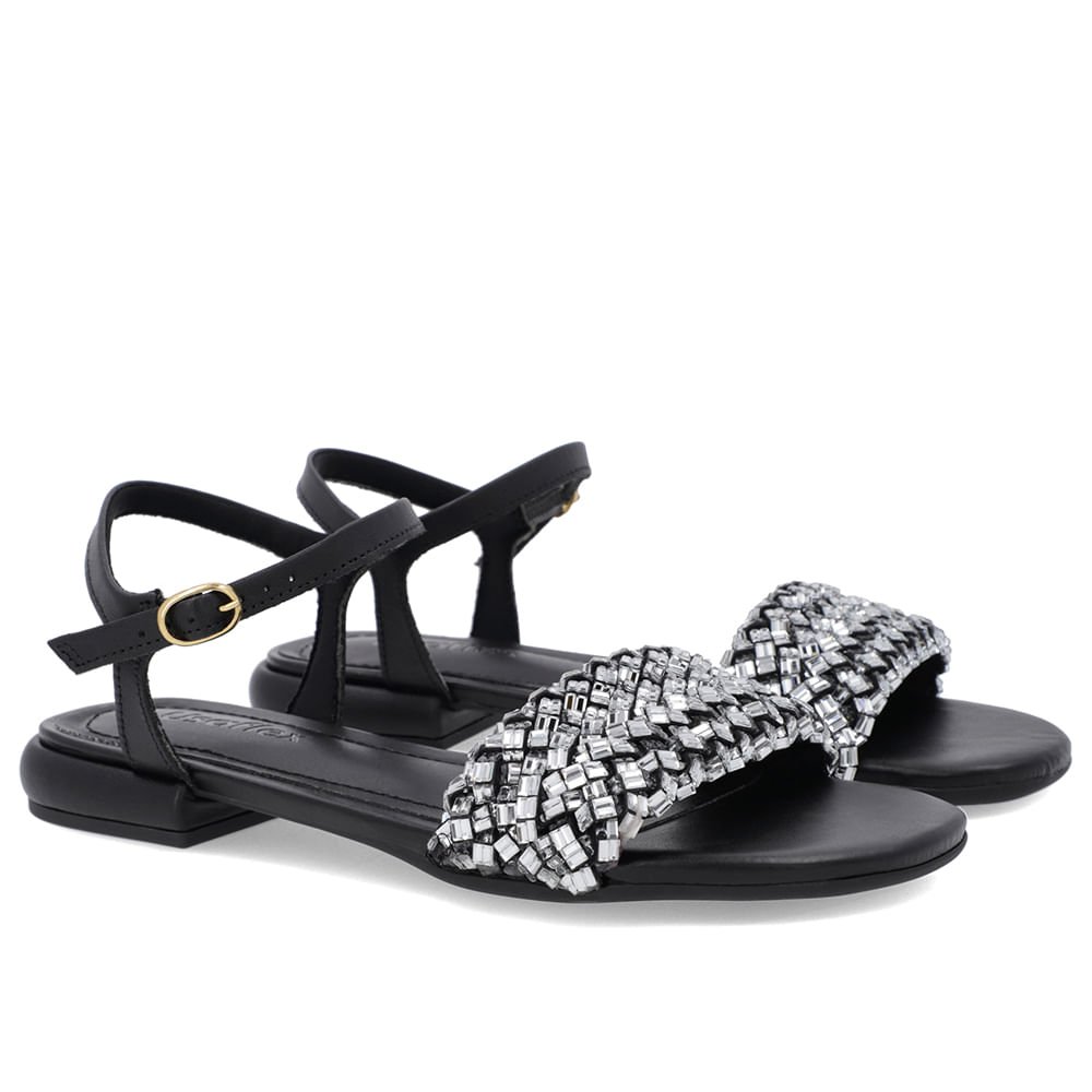 Sandália Bico Quadrado Couro Preta Enfeite Preto 2