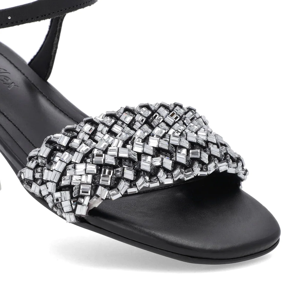Sandália Bico Quadrado Couro Preta Enfeite Preto 4