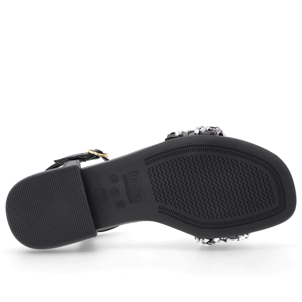 Sandália Bico Quadrado Couro Preta Enfeite Preto 5