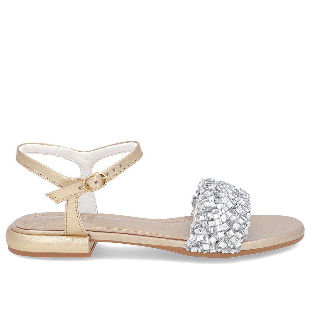 Sandália Bico Quadrado Couro Dourada Enfeite