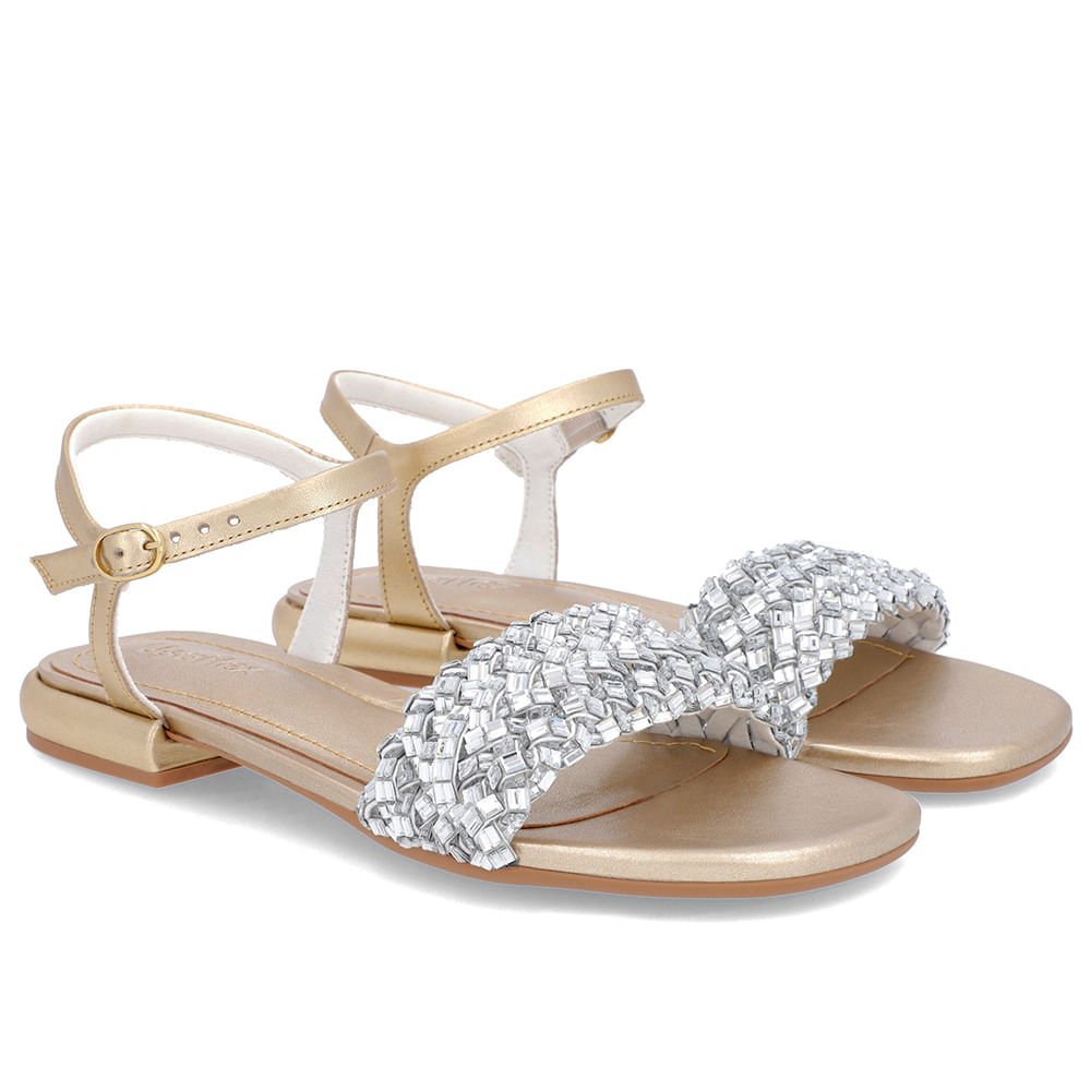 Sandália Bico Quadrado Couro Dourada Enfeite Dourado 2