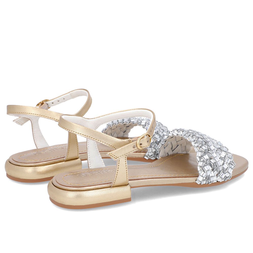 Sandália Bico Quadrado Couro Dourada Enfeite Dourado 3