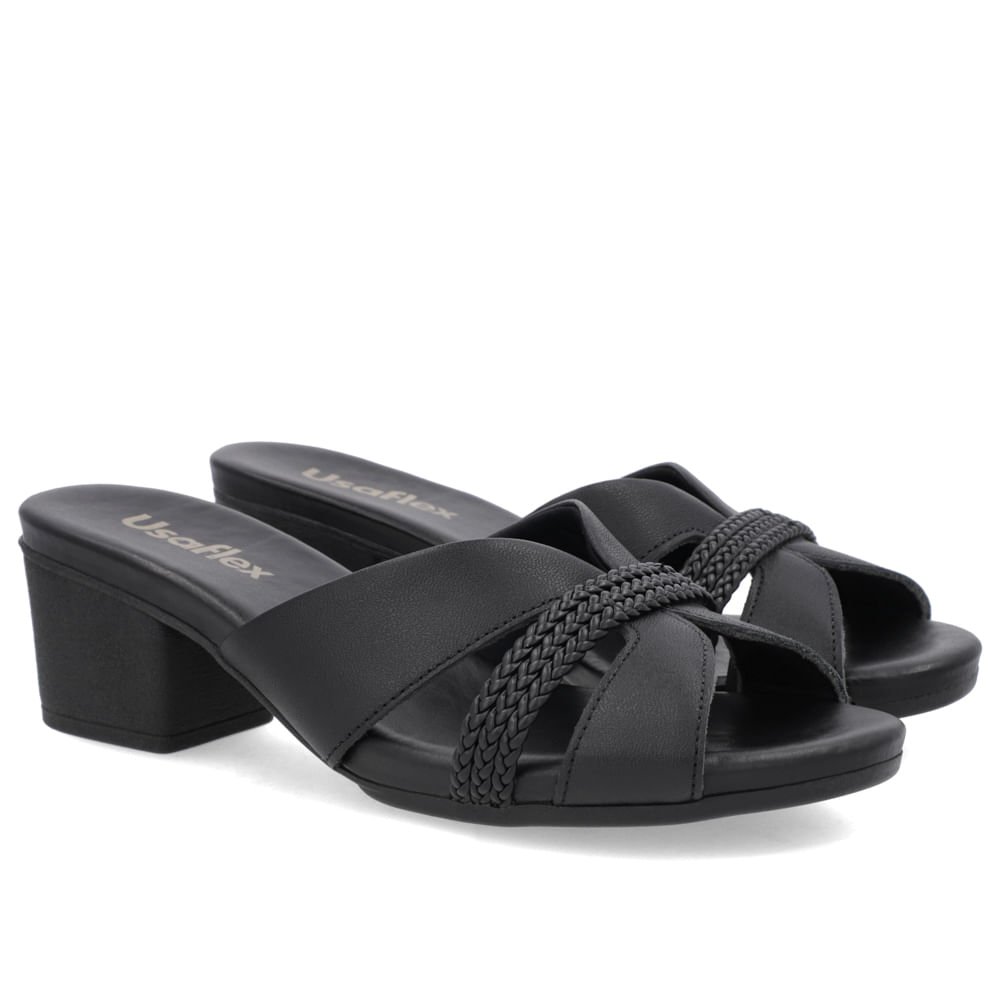 Tamanco Bloco Couro Preto Tira Trançada Preto 2