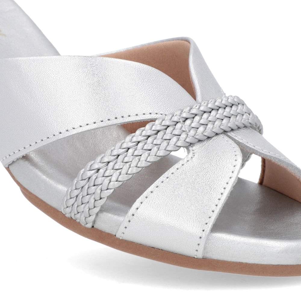 Tamanco Bloco Couro Prata Tira Trançada Prata 4