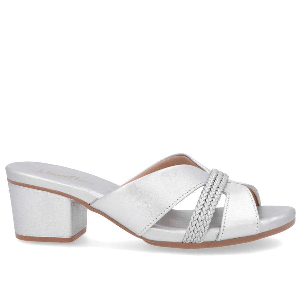 Tamanco Bloco Couro Prata Tira Trançada