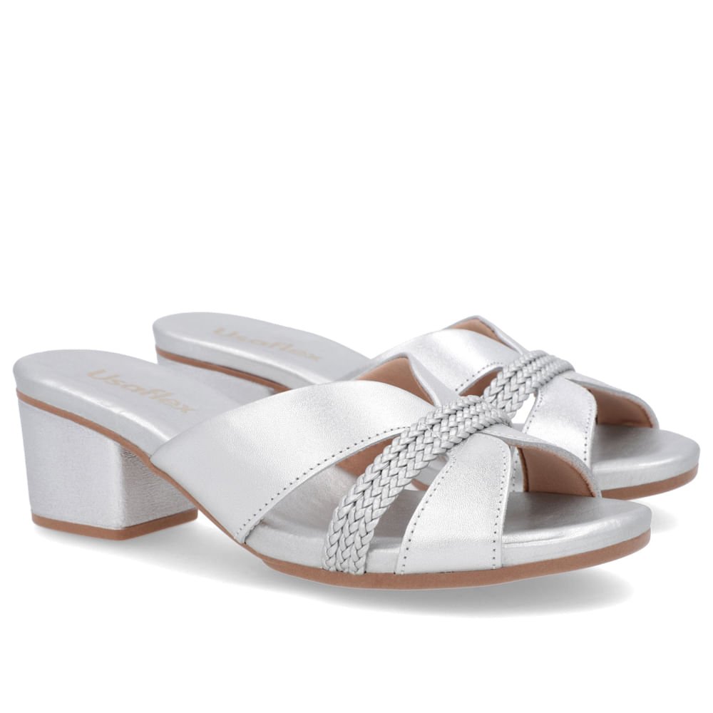 Tamanco Bloco Couro Prata Tira Trançada Prata 2