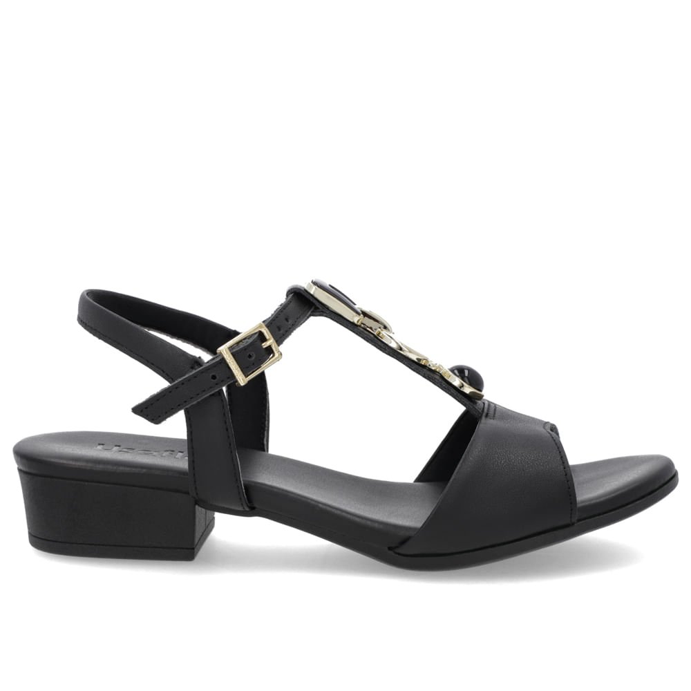 Sandália Salto Bloco Couro Preto Enfeite