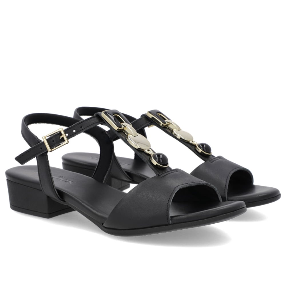 Sandália Salto Bloco Couro Preto Enfeite Preto 2