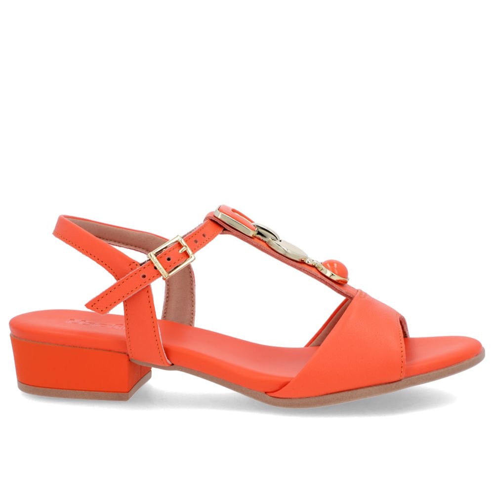 Sandália Salto Bloco Couro Laranja Enfeite