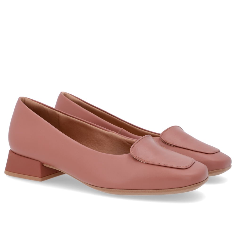 Scarpin Bico Quadrado Couro Rosa Salto Bloco Marrom 2
