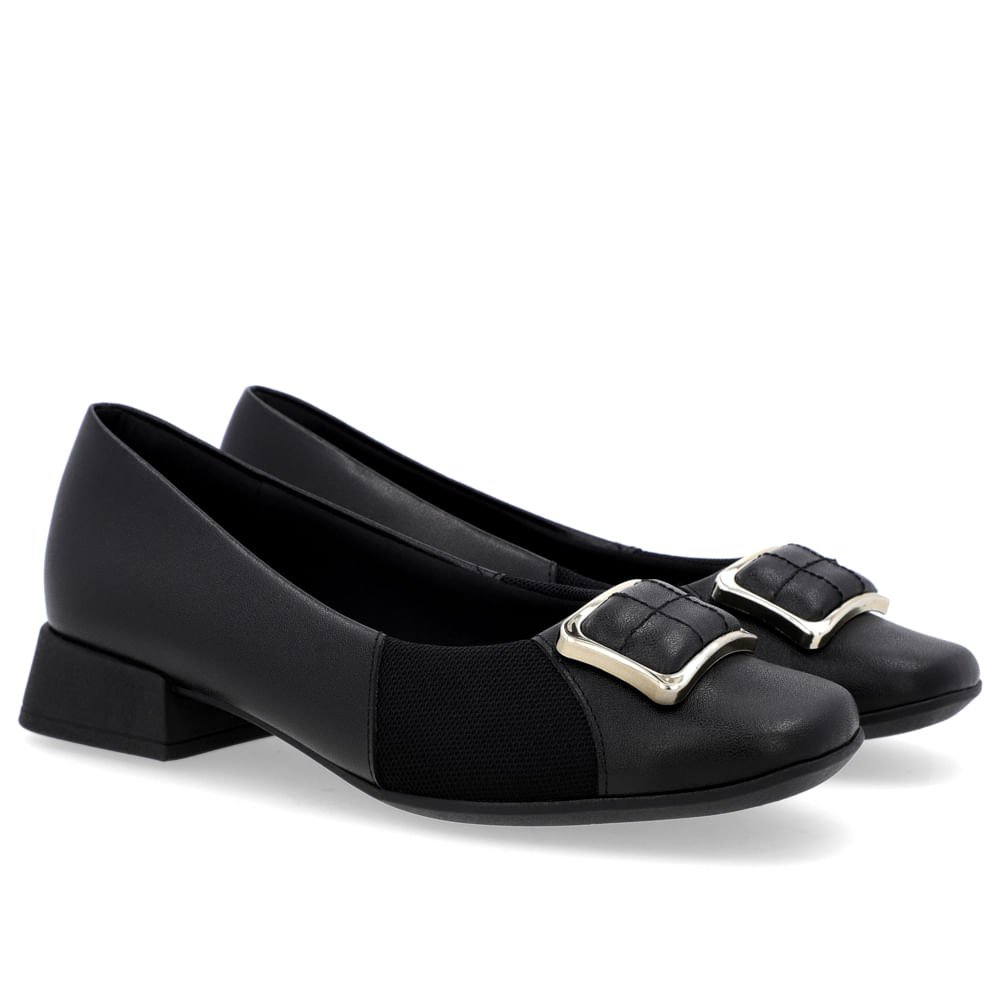 Scarpin Bico Quadrado Couro Preto Detalhe Tecido Preto 2