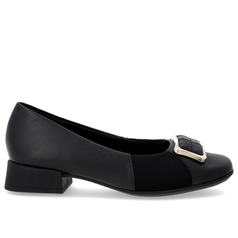 Scarpin Bico Quadrado Couro Preto Detalhe Tecido