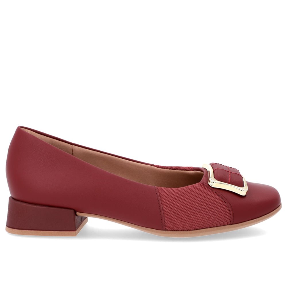 Scarpin Bico Quadrado Couro Vermelho Detalhe Tecido