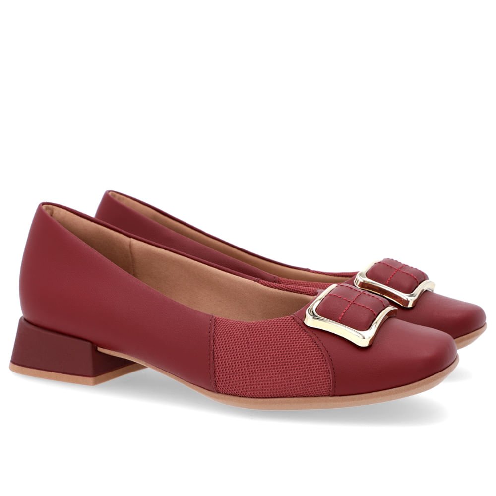 Scarpin Bico Quadrado Couro Vermelho Detalhe Tecido Vermelho 2