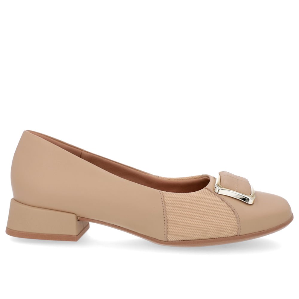 Scarpin Bico Quadrado Couro Bege Detalhe Tecido