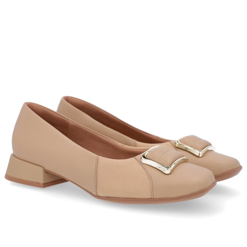 Scarpin Bico Quadrado Couro Bege Detalhe Tecido Bege 2