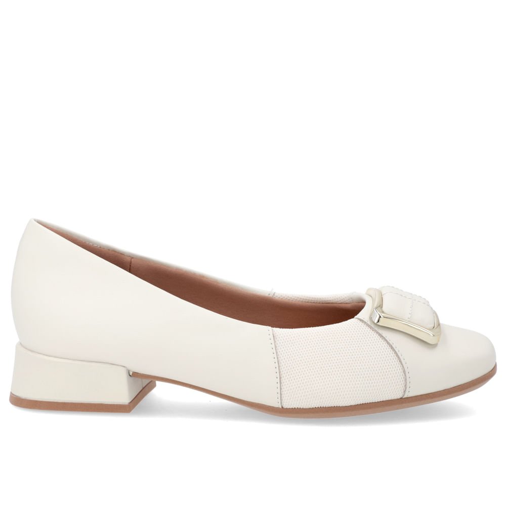 Scarpin Bico Quadrado Couro Branco Detalhe Tecido
