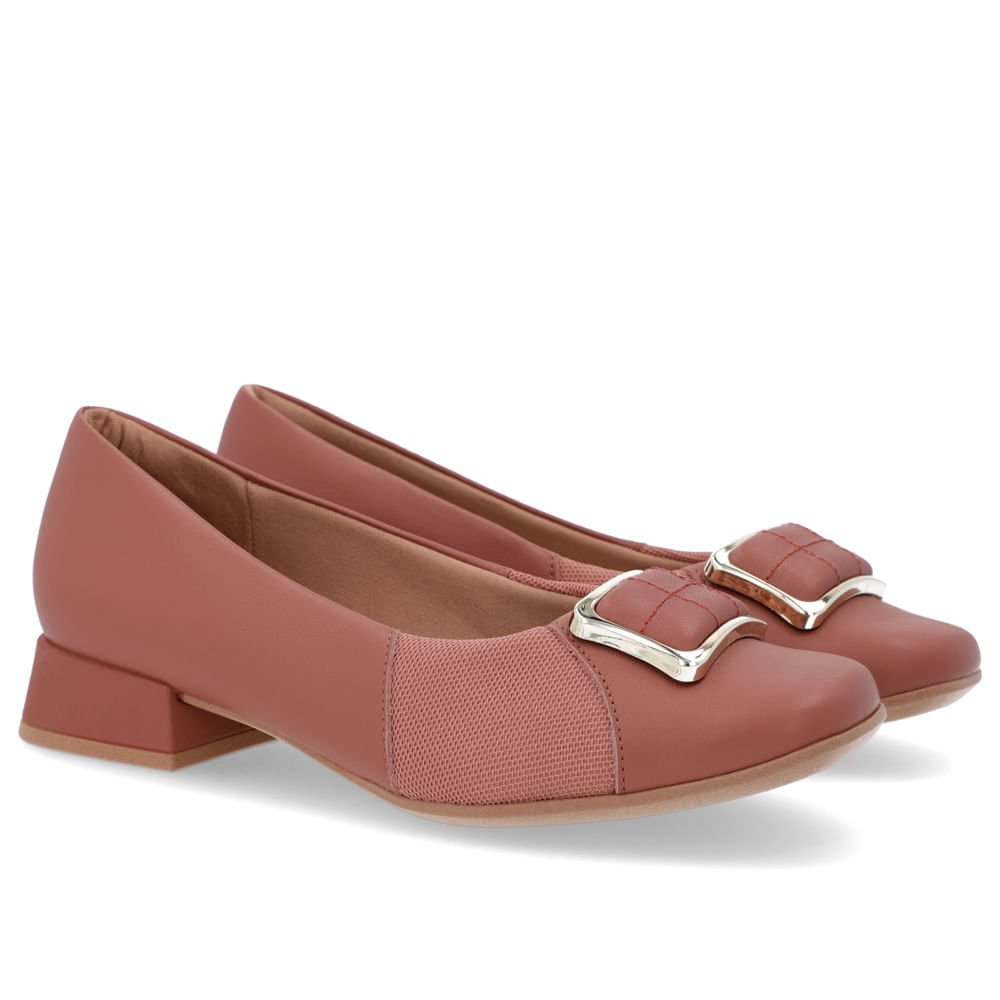 Scarpin Bico Quadrado Couro Rosa Detalhe Tecido Marrom 2