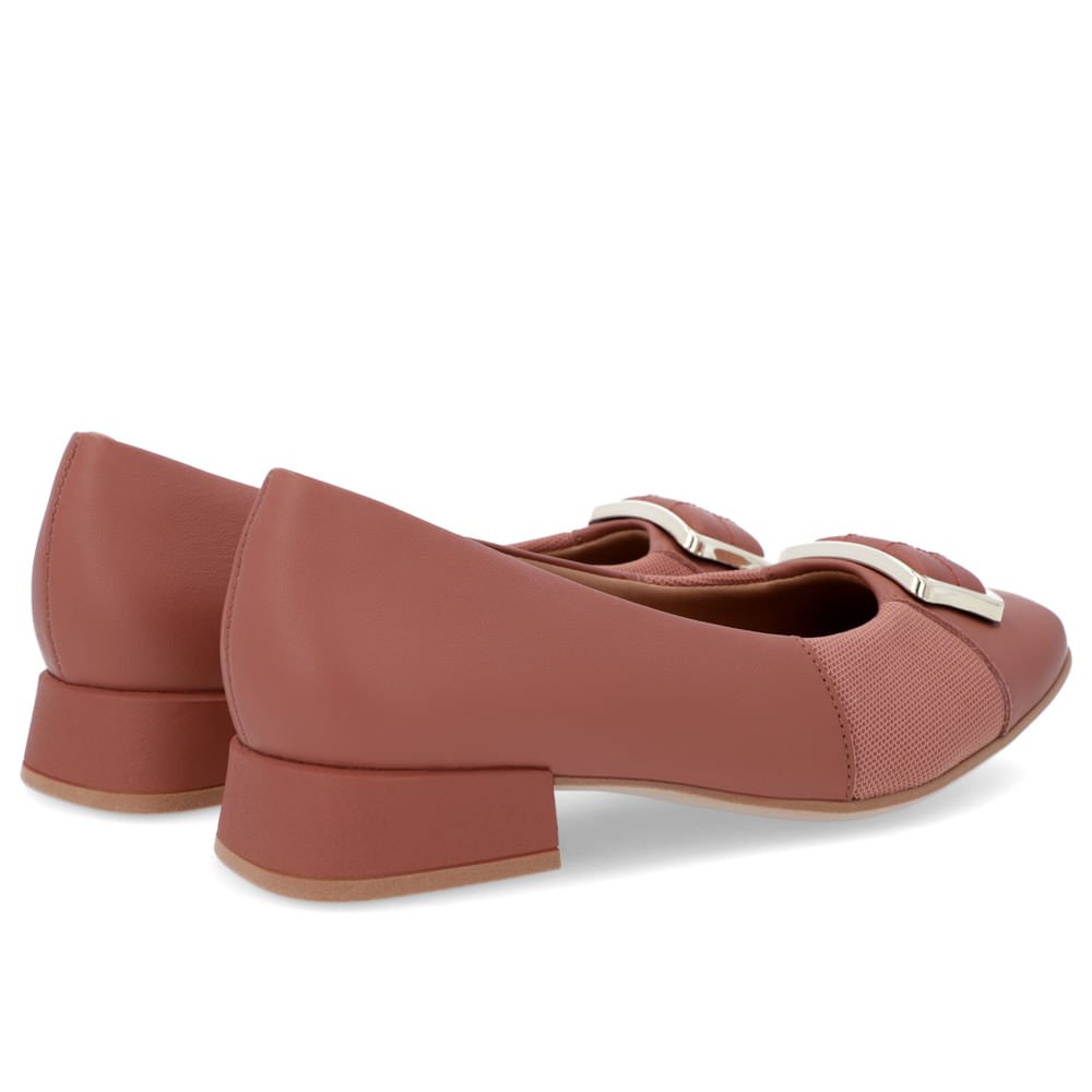 Scarpin Bico Quadrado Couro Rosa Detalhe Tecido Marrom 3