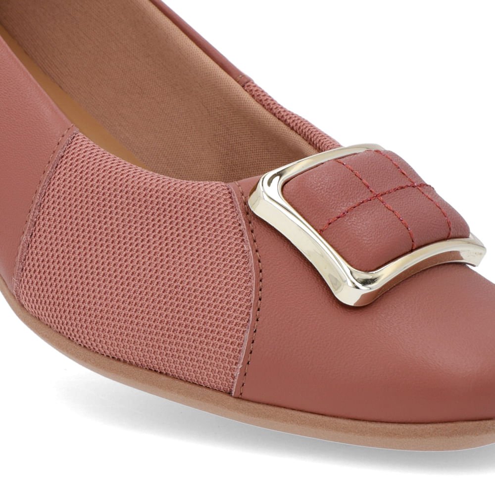 Scarpin Bico Quadrado Couro Rosa Detalhe Tecido Marrom 4