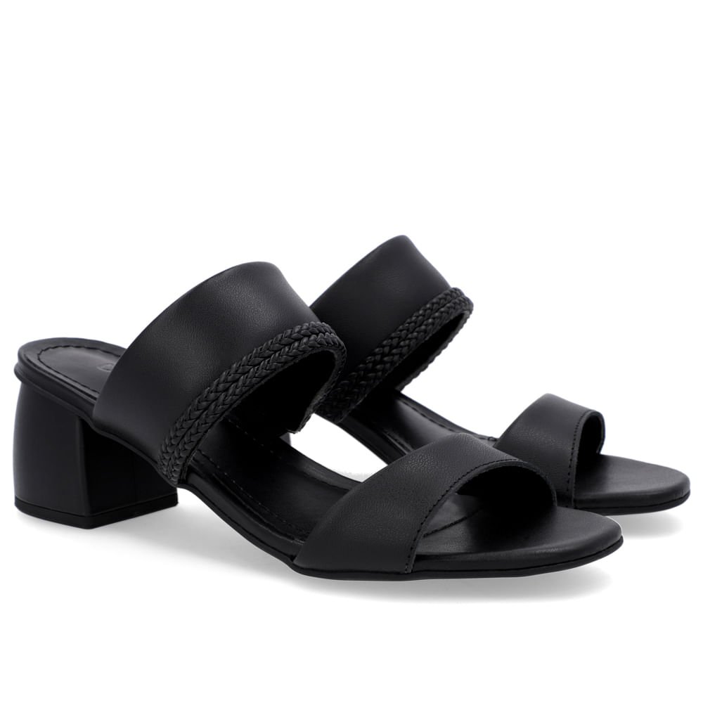 Tamanco Salto Bloco Tira Trançada Couro Preto Preto 2