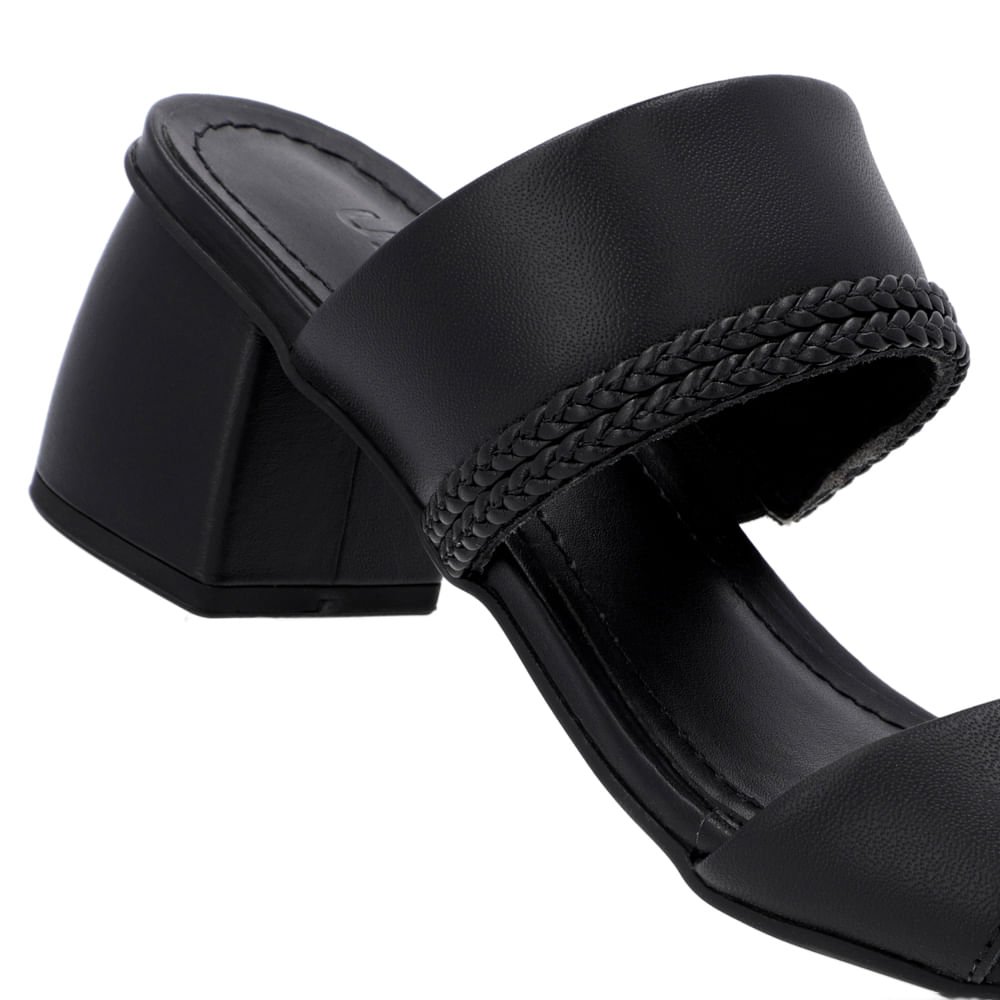 Tamanco Salto Bloco Tira Trançada Couro Preto Preto 4