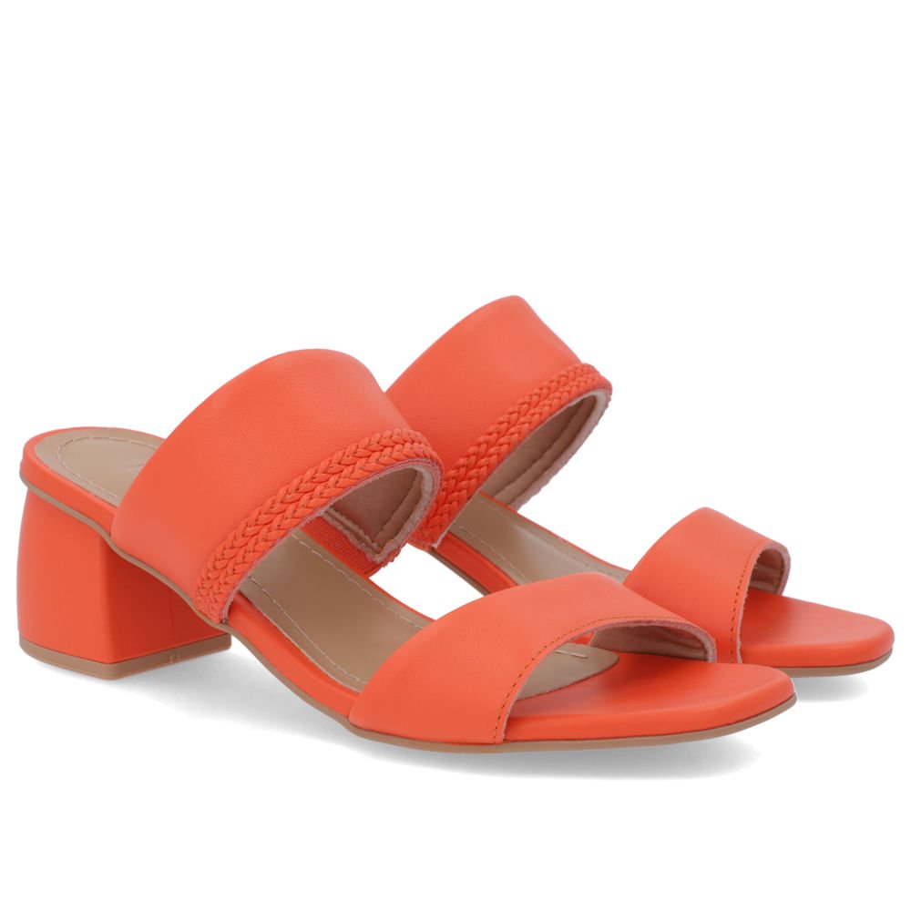 Tamanco Salto Bloco Tira Trançada Couro Laranja Laranja 2