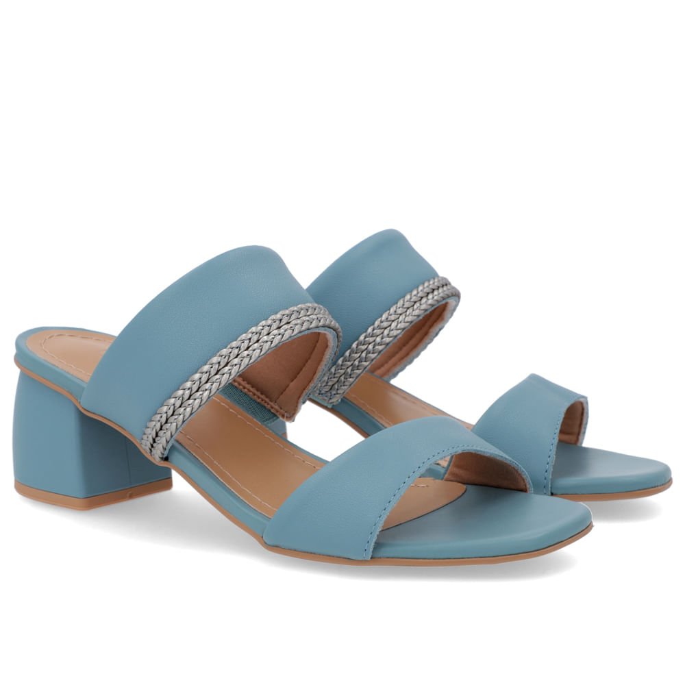 Tamanco Salto Bloco Tira Trançada Couro Azul Azul 2