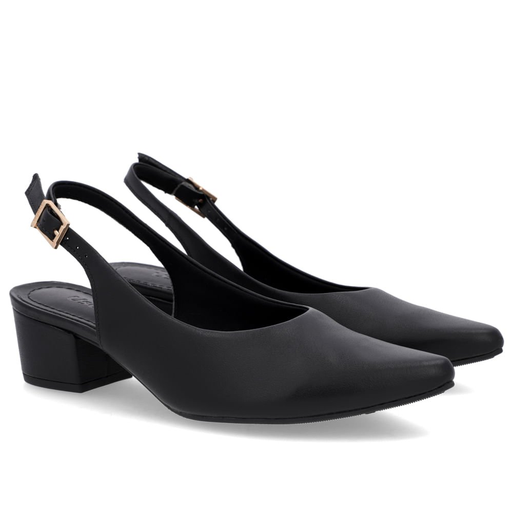 Slingback Preto Salto Bloco Couro Bico Fino Preto 2