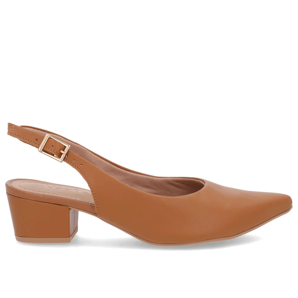 Slingback Marrom Salto Bloco Couro Bico Fino