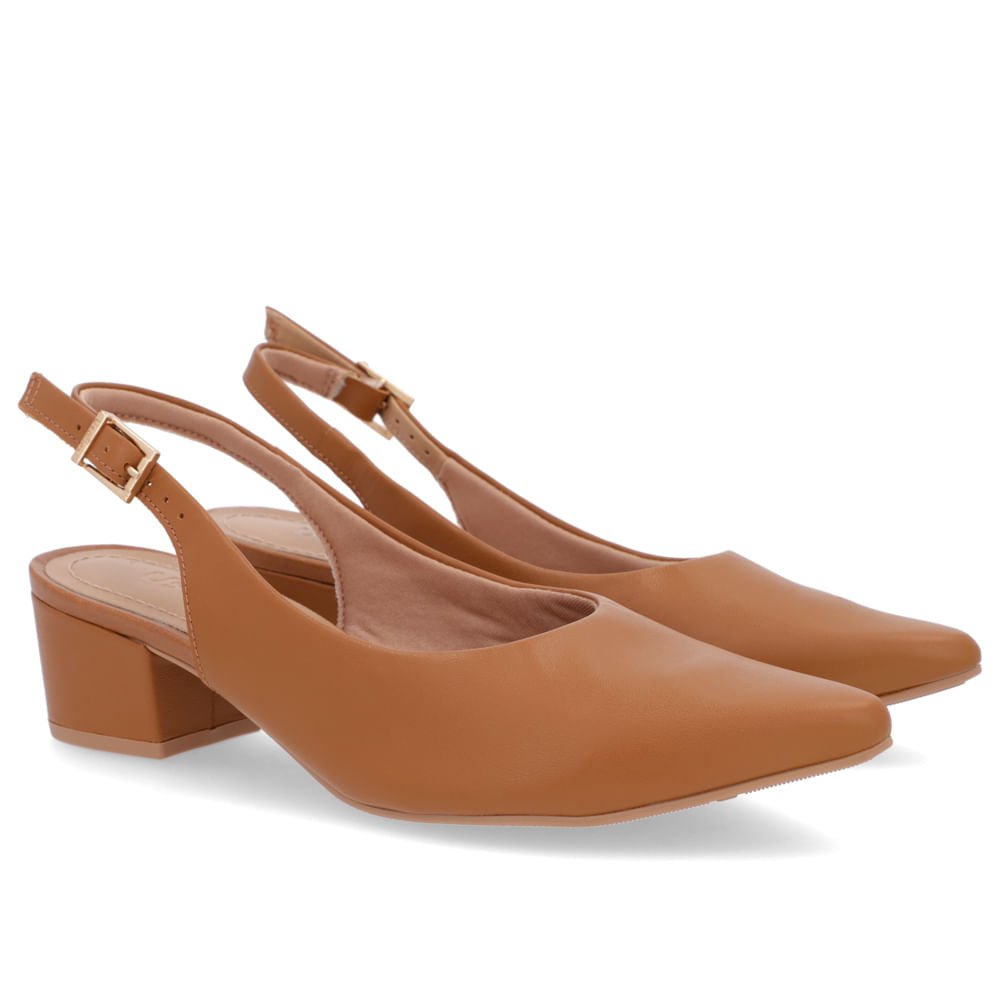Slingback Marrom Salto Bloco Couro Bico Fino Marrom 2