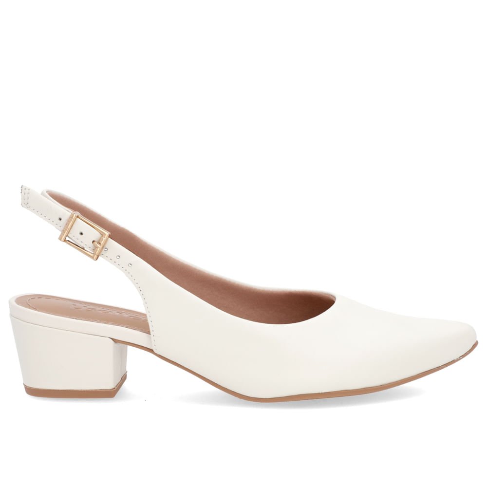 Slingback Branco Salto Bloco Couro Bico Fino