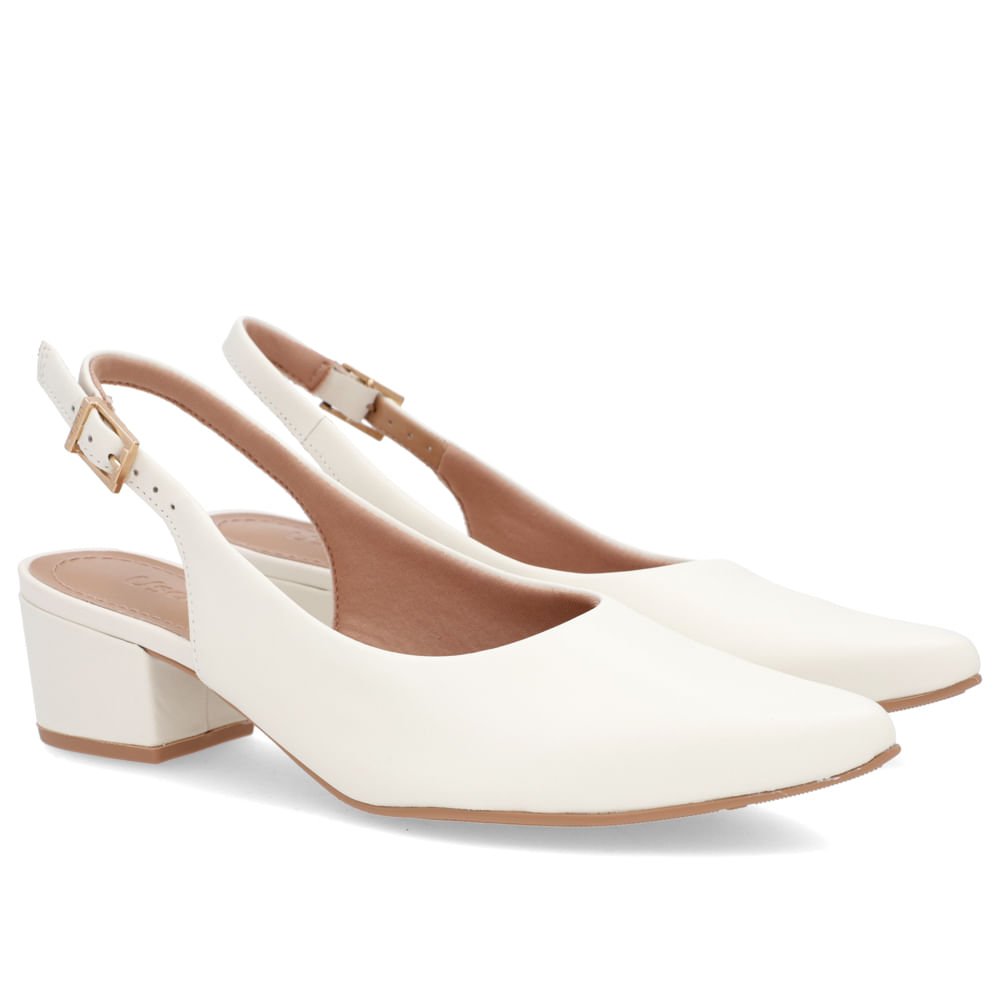 Slingback Branco Salto Bloco Couro Bico Fino Branco 2