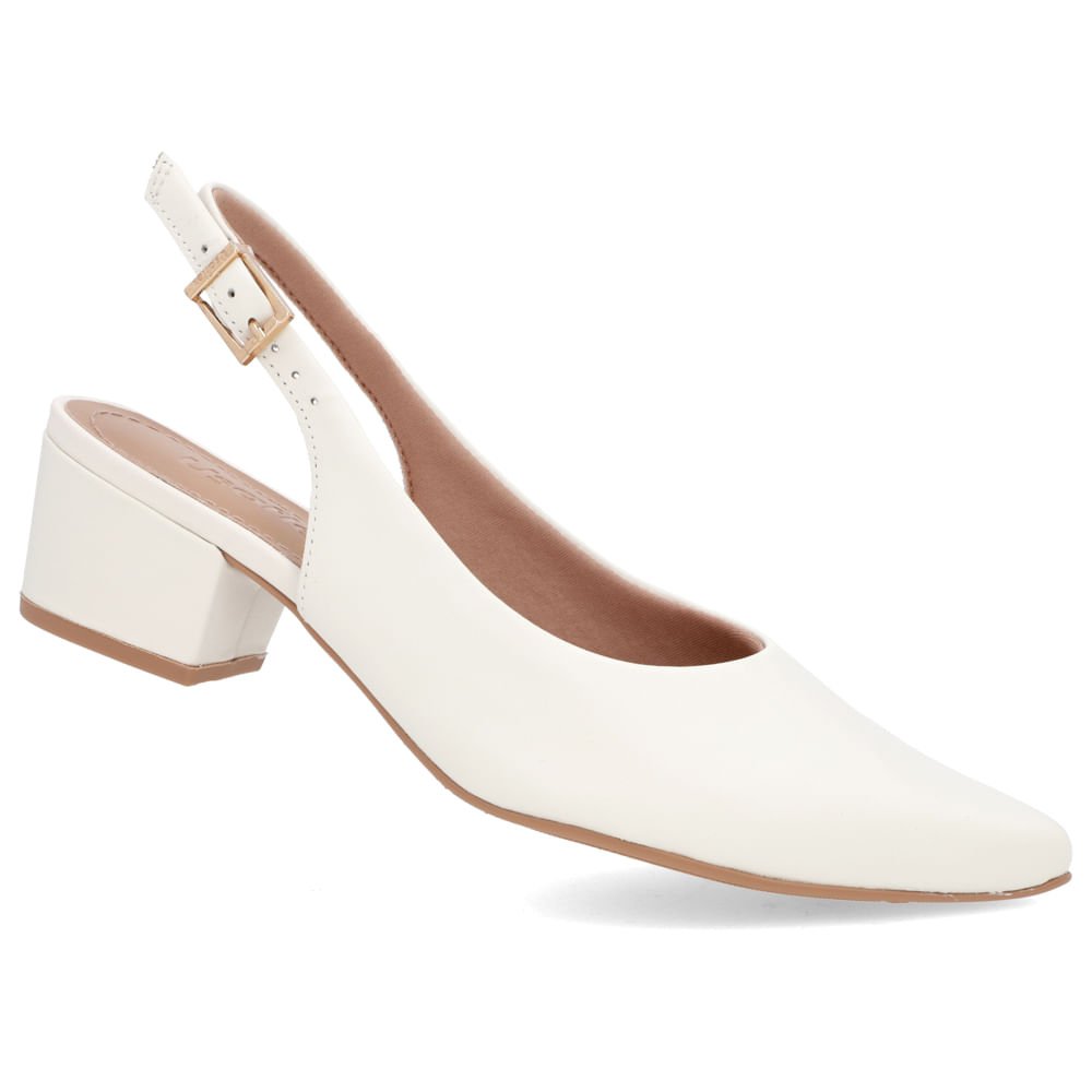 Slingback Branco Salto Bloco Couro Bico Fino Branco 4