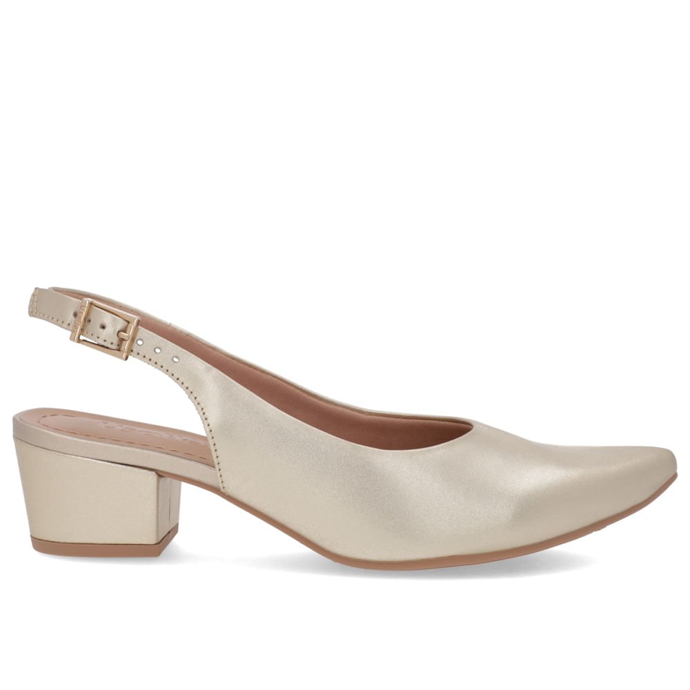 Slingback Dourado Salto Bloco Couro Bico Fino