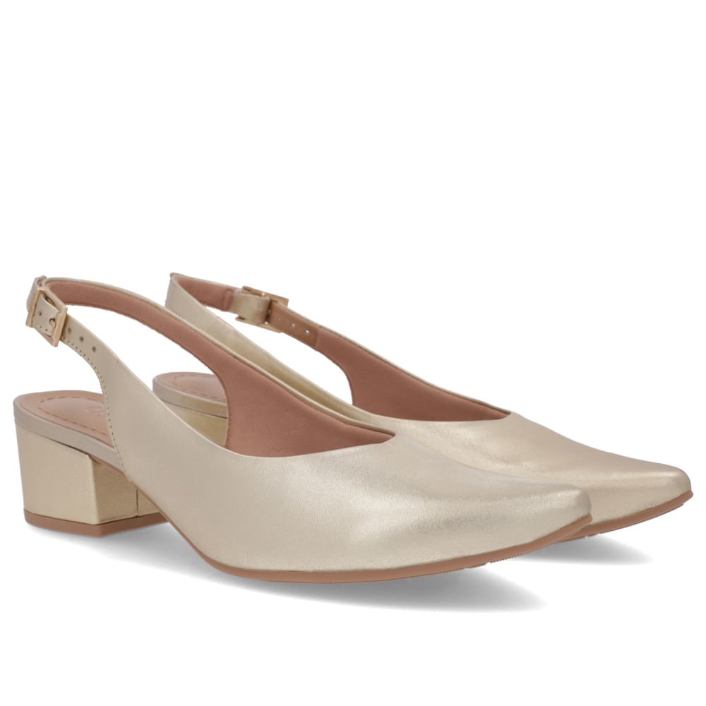 Slingback Dourado Salto Bloco Couro Bico Fino Dourado 2