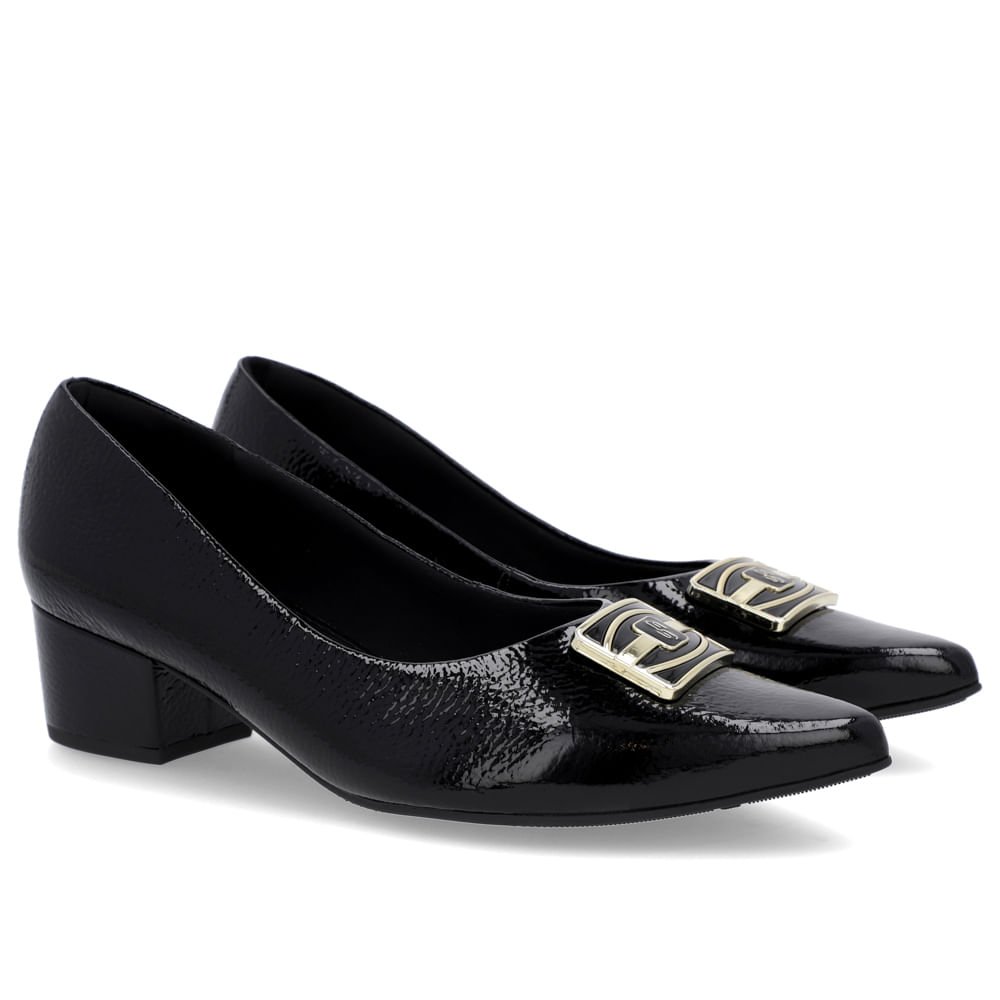 Scarpin Bico Fino Verniz Preto Salto Bloco Enfeite Preto 2