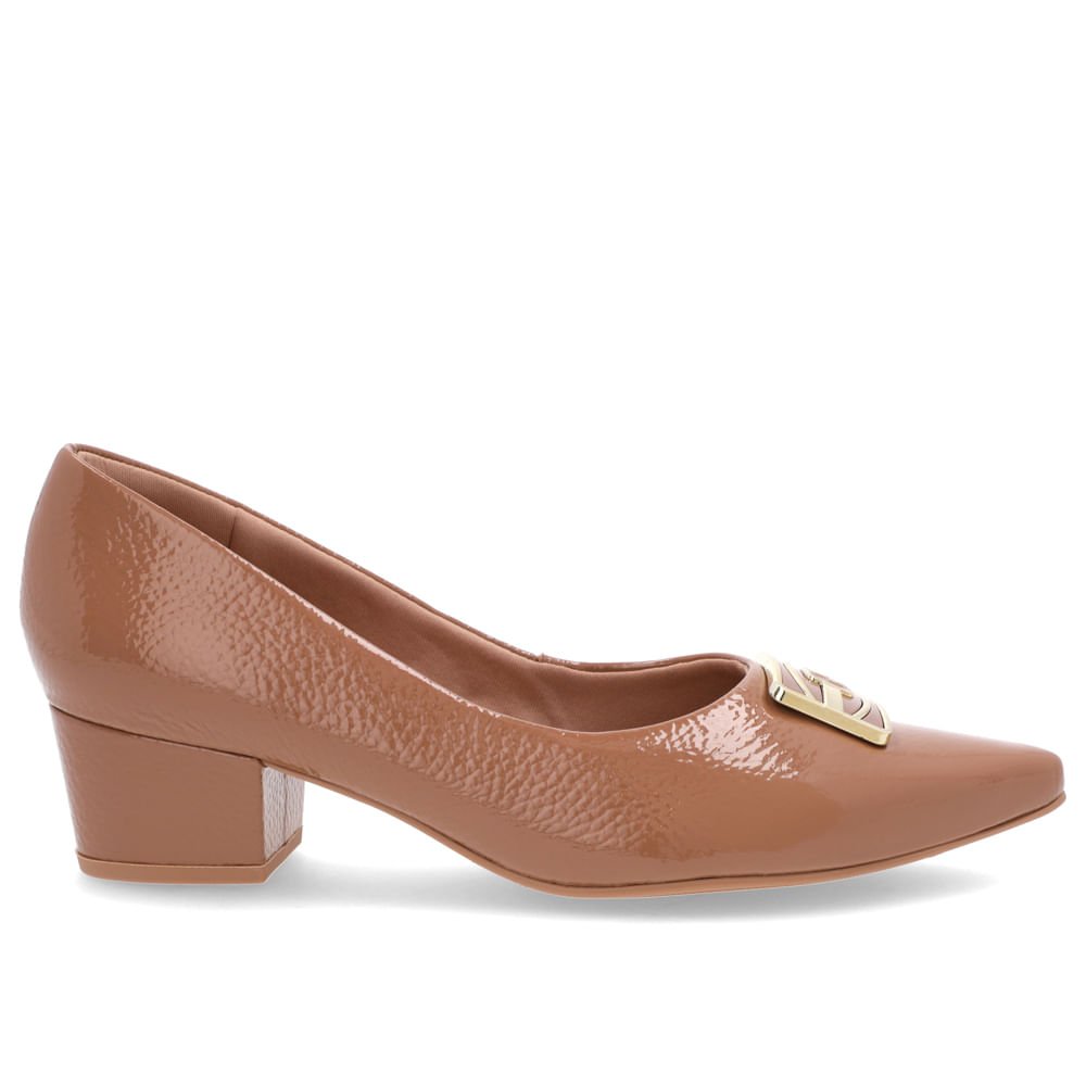 Scarpin Bico Fino Verniz Marrom Salto Bloco Enfeite